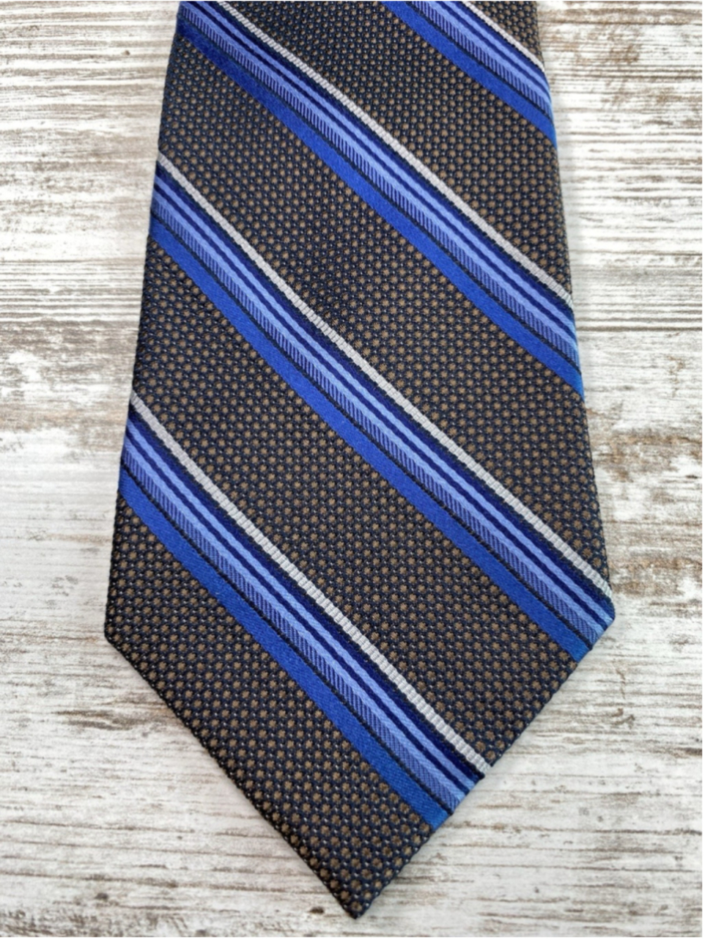 BRUNO PIATTELLI ROMA 100% Silk Handmade Tie Brown Navy Blue Striped 59”